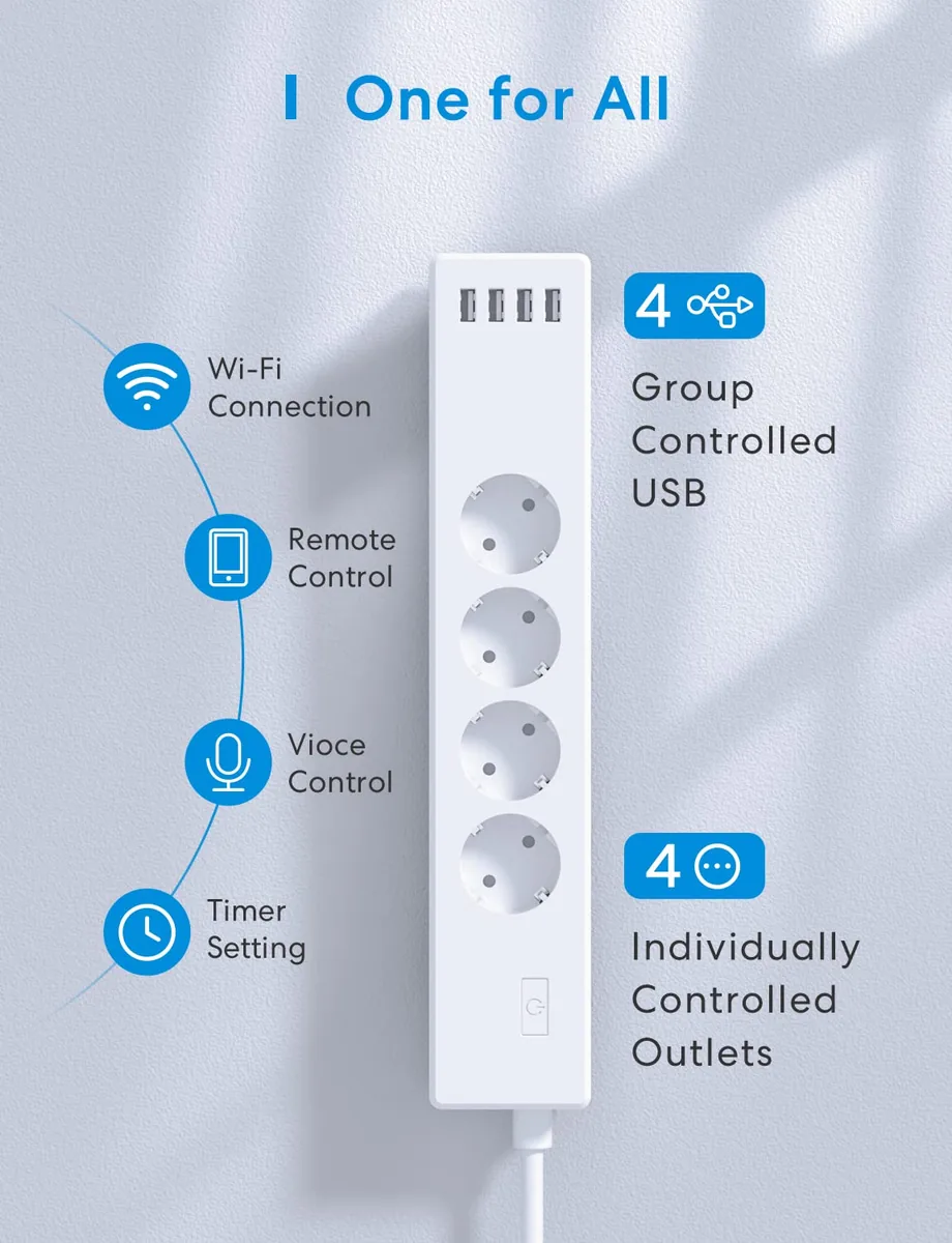 Meross Regleta Inteligente MSS425FHK — regleta WiFi con HomeKit, 4 enchufes y 4 USB — imagen 2